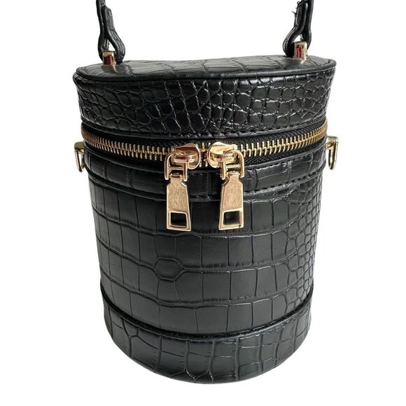 🔃Croc Embossed Black Cylinder Top Handle Crossbody Bucket Bag - Picture 6 of 10